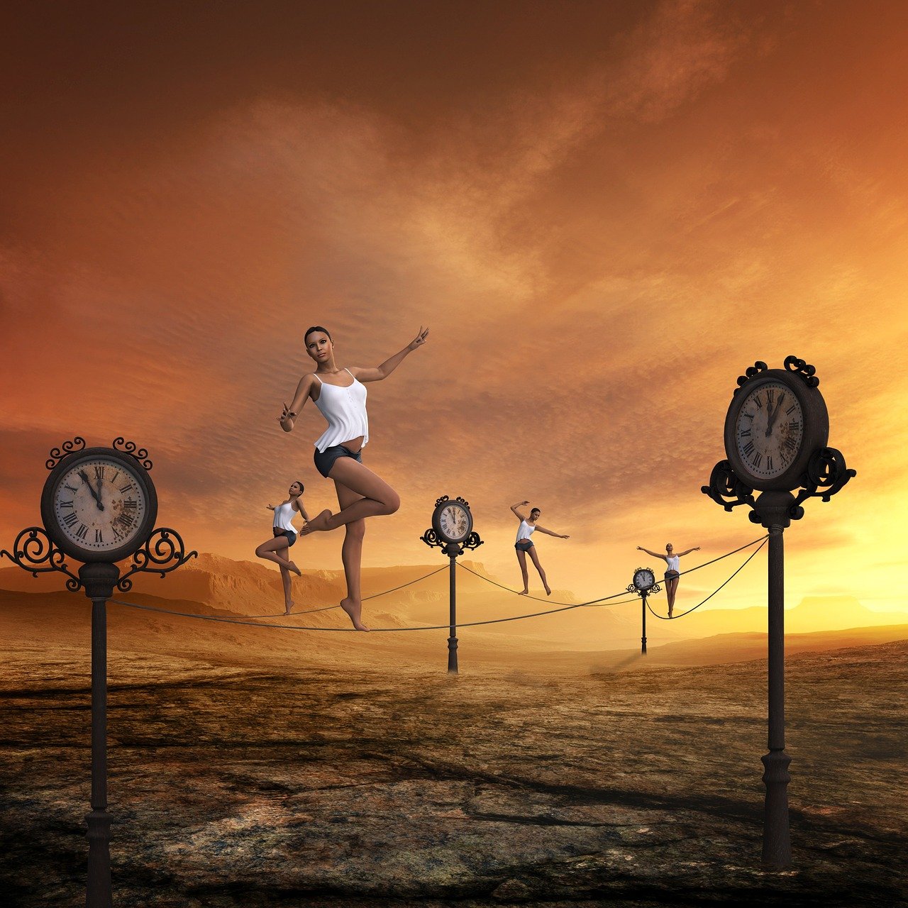 time, fast moving, balancing act, passes, stress, hectic, events, fantasy, digital art, woman, clock, rope, time, time, stress, stress, stress, stress, stress